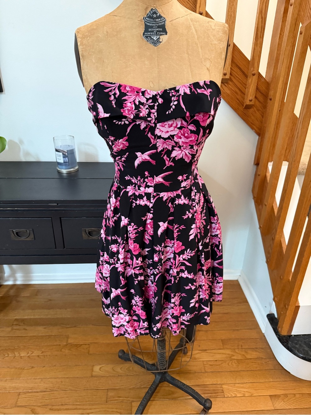Betsey Johnson Black Silk Strapless Dress with Pink Floral Print